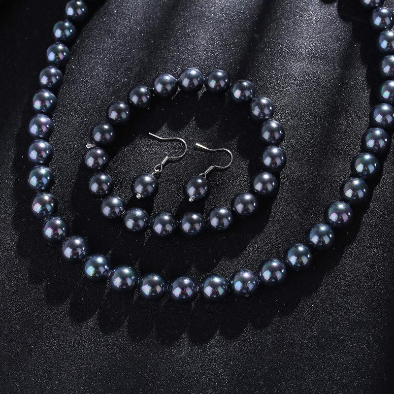 LUREME Fashion Style Pearl Elastic Necklace Bracelet Dangle Earring Set-Black(09000649-5) - Image 5
